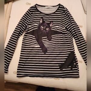 Black and White Striped Cat Print Top